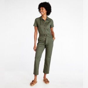 LL Bean Women’s 14 Signature Cotton Blend Army Green Cropped Utility Jumpsuit